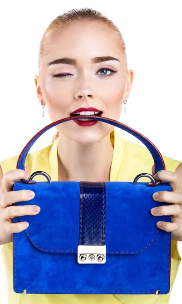 Close up portrait of a girl holding a blue bag in his hands — Stock Photo, Image