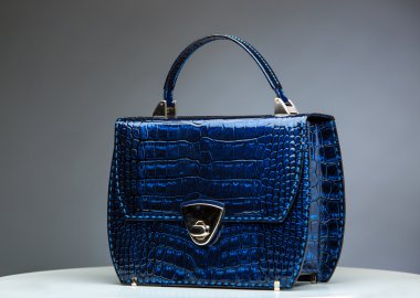 Dark blue female leather bag with reptile skin details isolated on grey. clipart