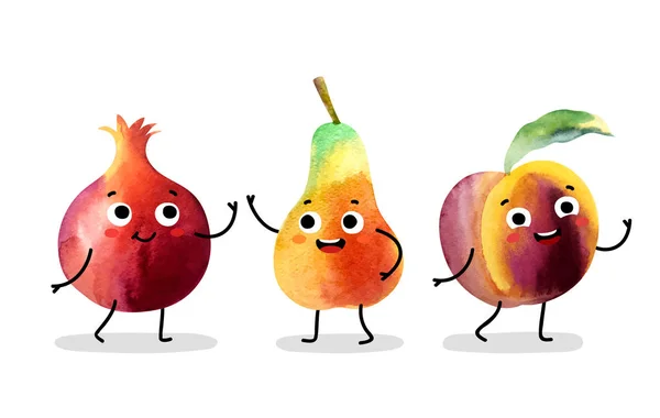 Ακουαρέλα φρούτα χαριτωμένο χαρακτήρες. Εικονογράφηση Αρχείου