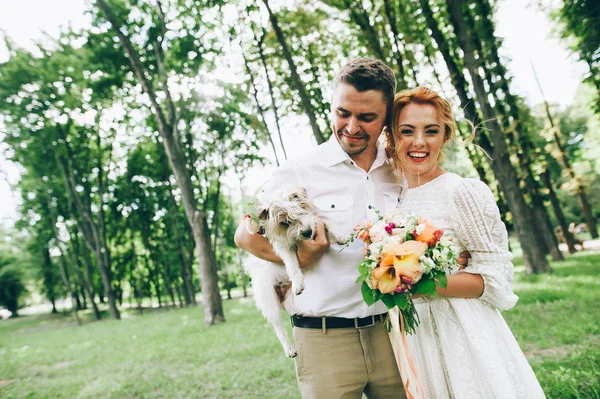 Bruid en bruidegom met hond in handen — Stockfoto