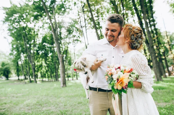 Bride and groom with dog in hands — Stock Photo, Image