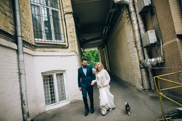 Pareja casada paseando con perro — Foto de Stock