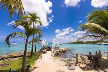 Cafe deniz kenarı, Karayip Denizi, Bayahibe, La Altagracia, Dominik Cumhuriyeti. Metin için yer kopyalayın.