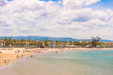 Kıyı şeridi Costa Dorada, beach La Pineda, Tarragona, Catalunya, İspanya. Metin için yer kopyalayın. 