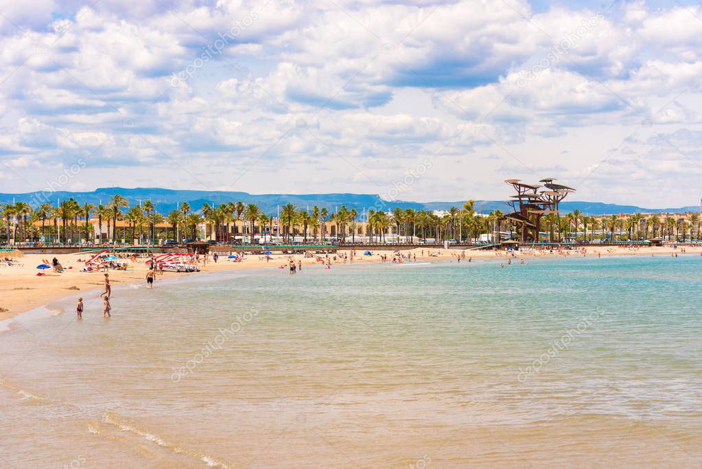 Coastline Costa Dorada, beach in La Pineda, Tarragona, Catalunya, Spain. Copy space for text. 