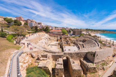TARRAGONA, SPAIN - MAY 1, 2017: Roman Amphitheater, Costa Daurada, Catalunya. Copy space for text. clipart