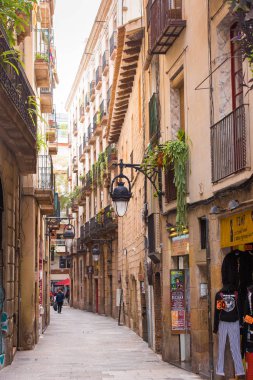 Barcelona, İspanya - 16 Şubat 2017: Gothic Quarter (Barrio Gothico). Dikey.