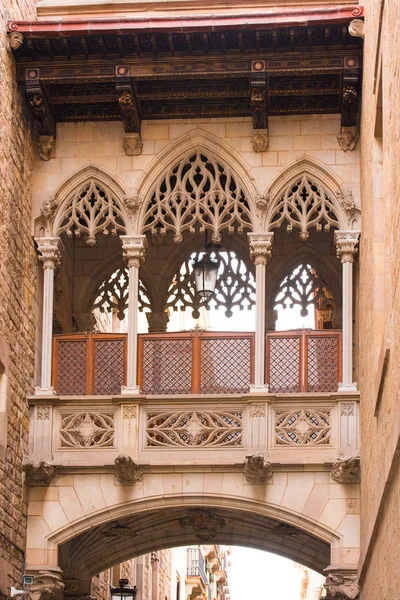 BARCELONA, ESPAÑA - 16 DE FEBRERO DE 2017: Barrio Gótico, Carrer del Bisbe. Primer plano. Vertical . — Foto de Stock