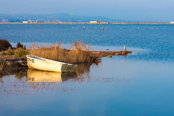 Paisagem com um barco no Delta do Ebro, Tarragona, Catalunha, Espanha. Espaço de cópia para texto . — Fotografia de Stock