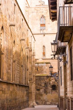 Barcelona, İspanya - 16 Şubat 2017: Gothic Quarter (Barrio Gothico). Dikey.