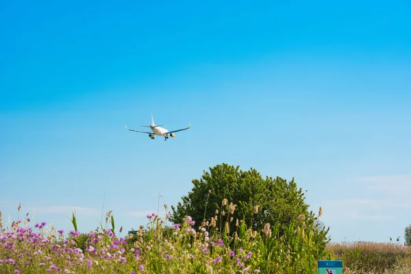 BARCELONA, SPAIN - AUGUST 20, 2016: Aircraft takes off over the meadow. Copy space for text. — Stock Photo, Image
