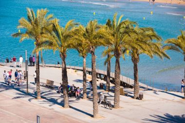 Salou, Tarragona, İspanya - 24 Nisan 2017: Turist Costa Dorada sahilinde palmiye ağaçlarının altında.