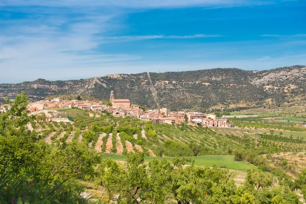 Widok miasta z Ulldemolins, Katalonia, Hiszpania. Kopiować miejsca na tekst. — Zdjęcie stockowe