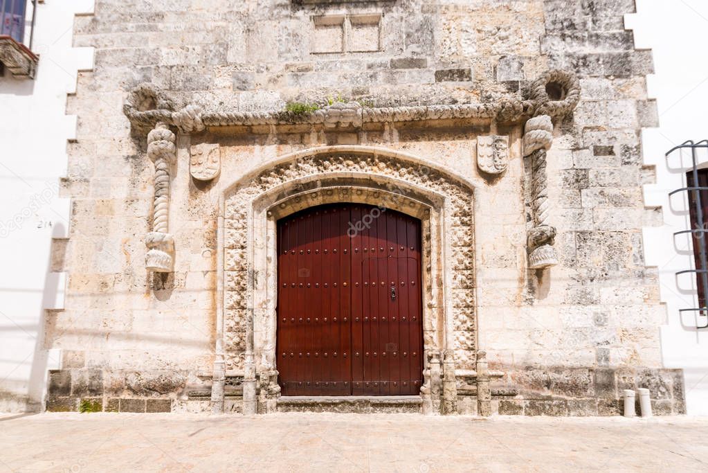 View of the door Casa del Cordon, Santo Domingo, Dominican Republic. Copy space for text.