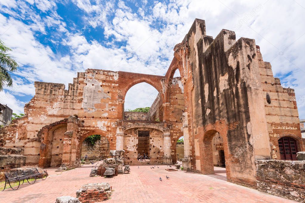 View on Ruins of the Hospital of St. Nicolas of Bari, Santo Domingo, Dominican Republic. Copy space for text. 