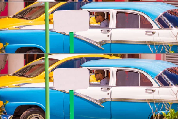 Viñales, kubai - 2017. május 13.: Amerikai kék retro autó a parkolóban, Vinales, Pinar del Rio, Kuba. Közeli kép:. — Stock Fotó