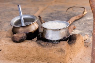 Pot of porridge, Puttaparthi, Andhra Pradesh, India. Copy space for text.                              clipart
