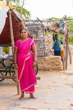 Puttaparthi, Andhra Pradesh, Hindistan - 9 Temmuz 2017: Sari Hintli kadın. Metin için yer kopyalayın. Dikey. 