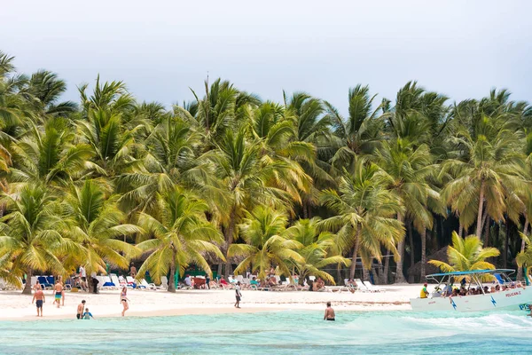 Ada Saona kumlu plaj Saona, Dominik Cumhuriyeti - 25 Mayıs 2017: görünümü. Metin için yer kopyalayın.