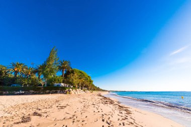 Kum plaj Miami Platja, Tarragona, Catalunya, İspanya. Metin için yer kopyalayın.