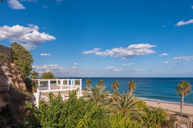 Kum plaj Miami Platja, Tarragona, Catalunya, İspanya. Metin için yer kopyalayın.