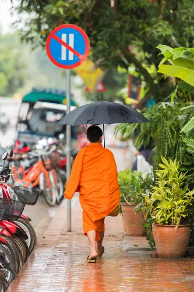 老挝 Louangphabang 的一个城市街道上的僧侣。文本的复制空间。垂直. — 图库照片