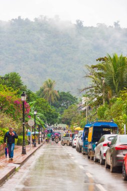 Louangphabang, Laos - 11 Ocak 2017: Şehir manzarası. Metin için yer kopyalayın. Dikey.  