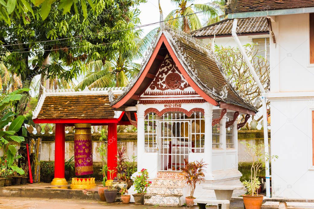 View of the buildings in the temple in Louangphabang, Laos. Copy space for text.                                 