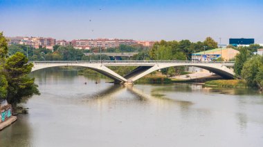 Ebro Nehri üzerinde Zaragoza, İspanya köprü. Metin için yer kopyalayın.