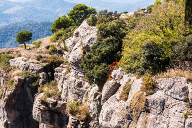 Siurana de Prades, Tarragona, Katalunya, İspanya 'daki Rocky manzarası. Metin için alanı kopyala.