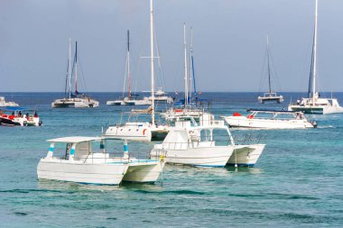 Bayahibe, La Altagracia, Dominik Cumhuriyeti kıyıya yakın tekneler. Metin için yer kopyalayın.