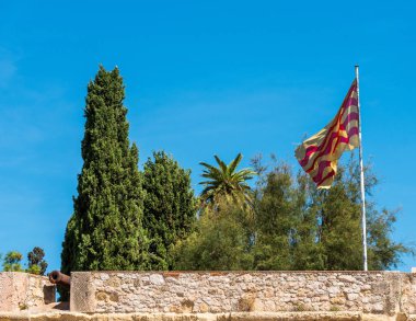 Bayrak, Tarragona, Catalunya, İspanya ve toplar kale görünümü. 