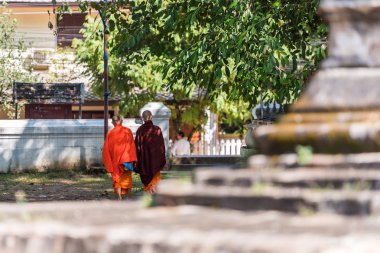 İki Budist rahipler street, Louangphabang, Laos üzerinde. Arkadan görünüm. Seçici odak ile.                                        