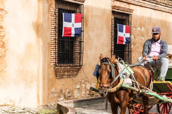Santo Domingo, Dominikanische Republik - 8. August 2017: der Kutscher in einer Retro-Kutsche auf einer Stadtstraße. Kopierraum für Text. — Stockfoto