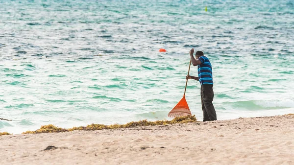 Muž je úklid na pláži v La Altagracia, Punta Cana, Dominikánská republika. Kopírovat prostor pro text. — Stock fotografie