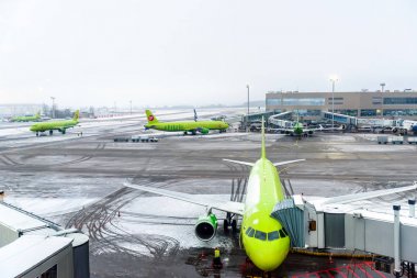 Moskova, Rusya - 18 Aralık 2017: Uçak Boeing 737 S7 havayolu Domodedovo Uluslararası Havaalanı'nda. Metin için yer kopyalayın.