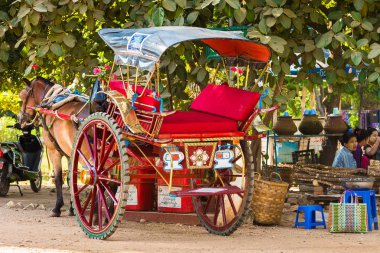 Bagan, Myanmar - 1 Aralık 2016: Şehrin sokak üzerinde koç. Yakın çekim.
