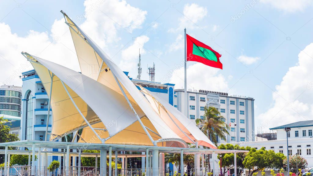 Flag of the Republic of Maldives, Male, Maldives. Copy space for text.          