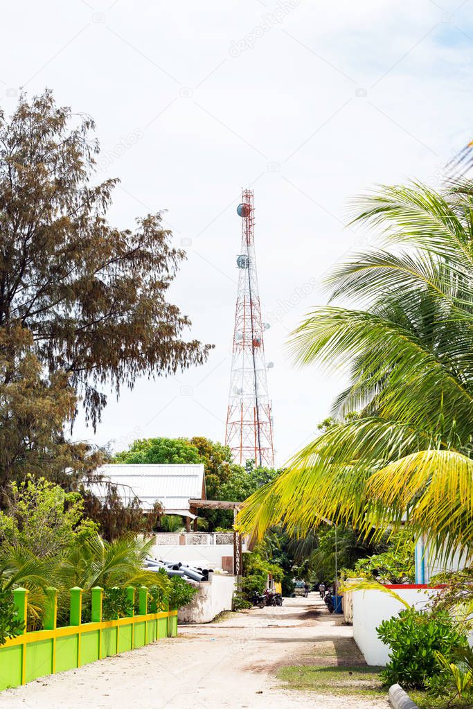 View of the television tower, Male, Maldives. Copy space for text. Vertical.