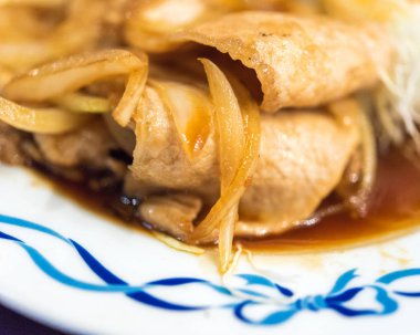 Kızarmış domuz soğanlı bir plaka - Japon çanak, Tokyo, Japonya. Yakın çekim.