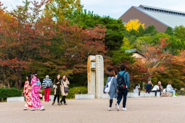 Kyoto, Japonya - 7 Kasım 2017: Bir şehir sokak üzerinde bir kimono'de iki kız. Metin için yer kopyalayın.