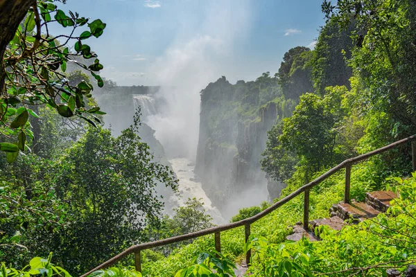Victoria Falls on Zambezi River, border of Zambia and Zimbabwe with blue sky