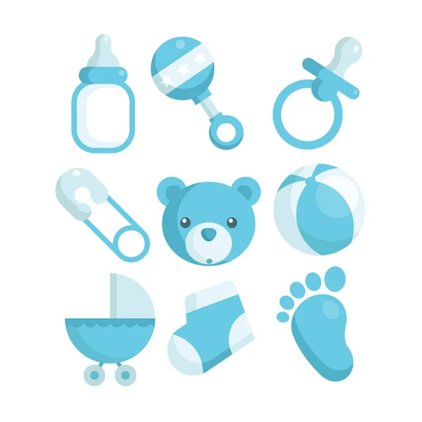 Iconos de ducha de bebé azul — Vector de stock