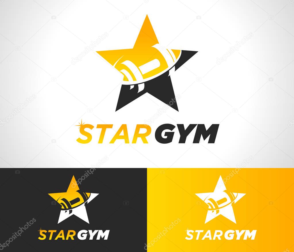 Gold gym fitness barbell logo icon with star graphic element