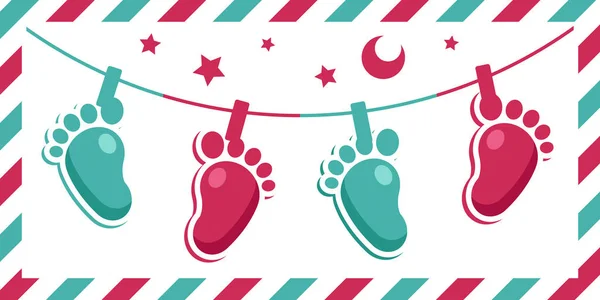 Baby dusch fötter gratulationskort — Stock vektor