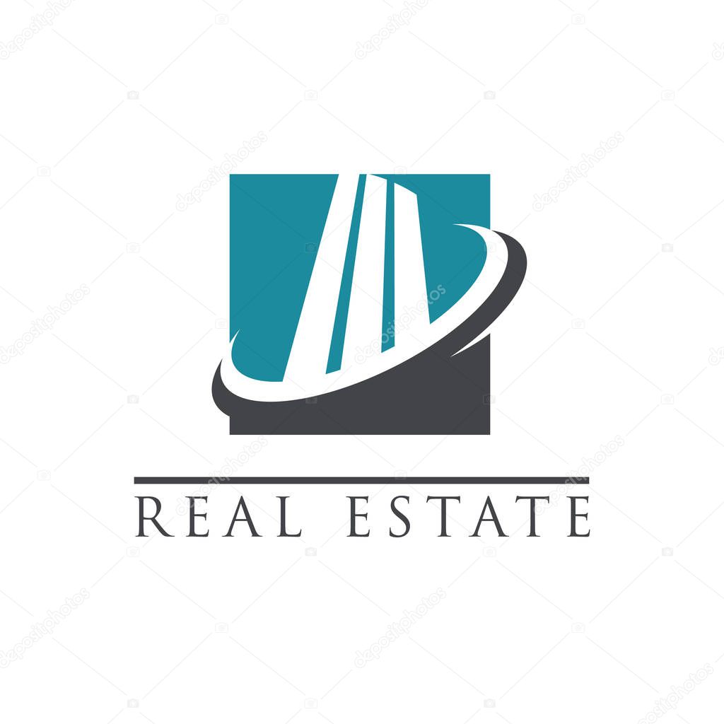 Modern building logo icon with swoosh graphic element