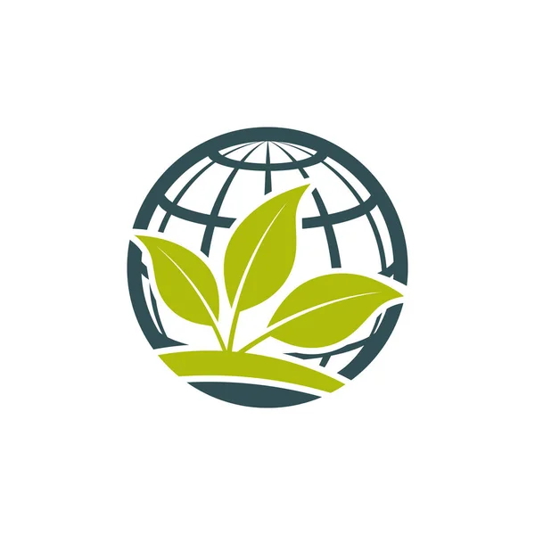Logo Ekologi Hijau Dengan Ikon Globe Dan Daun - Stok Vektor