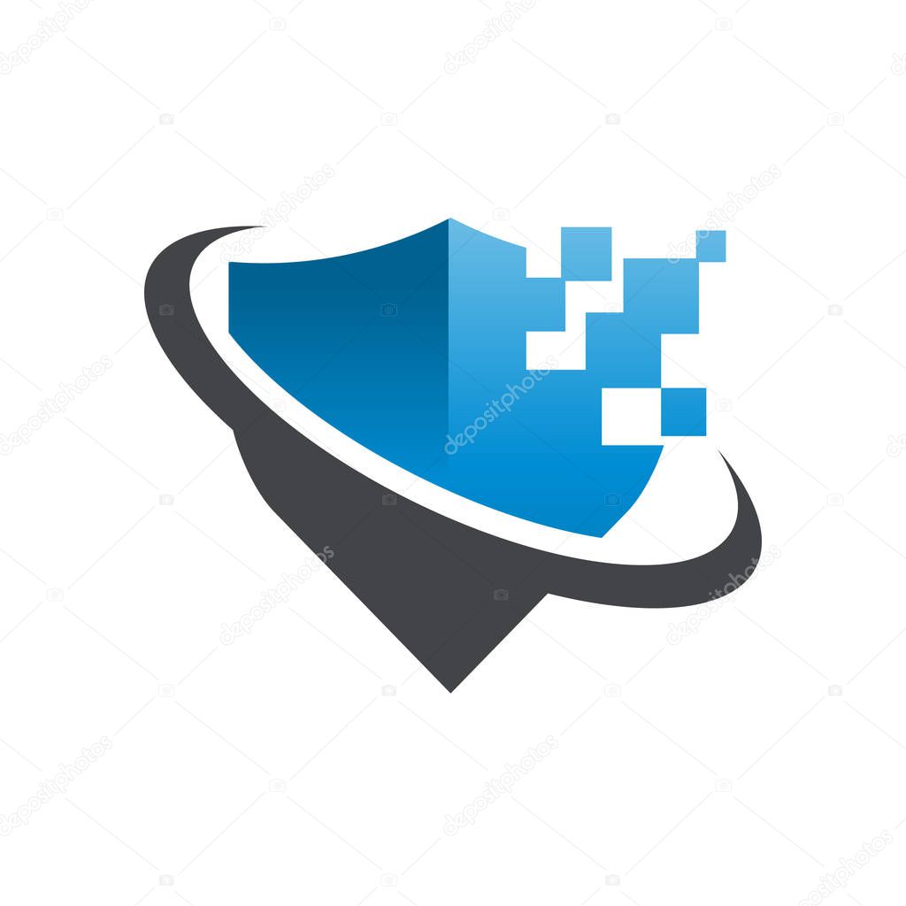 Pixel shield security logo icon with swoosh graphic element