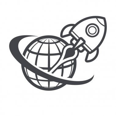 Retro roket yer küre simgesiyle gemi ve öğe swoosh