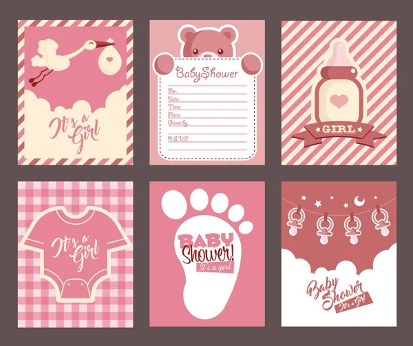 Collection Pink Girl Baby Shower Invitation Greeting Cards — Stock Vector